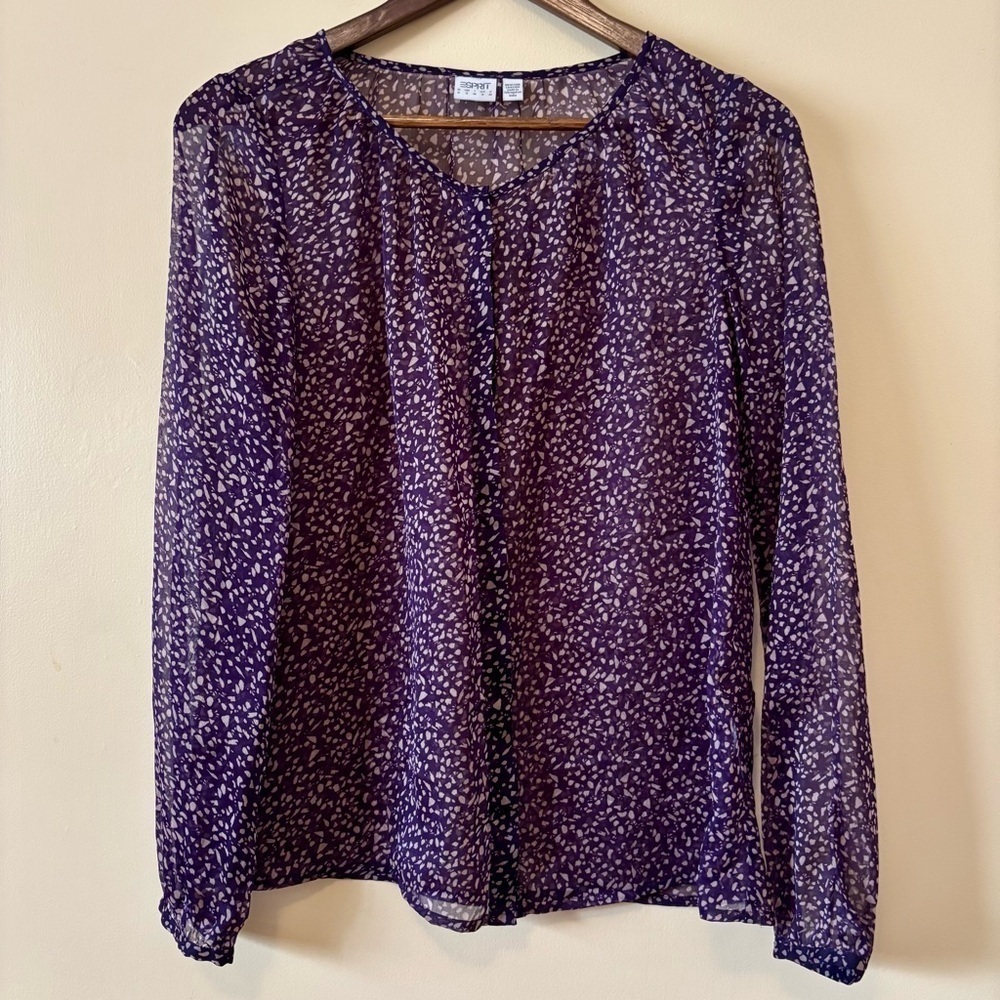 Esprit| Pretty Purple Sheer Long Sleeve Flowy Buttoned Top Blouse Sz S